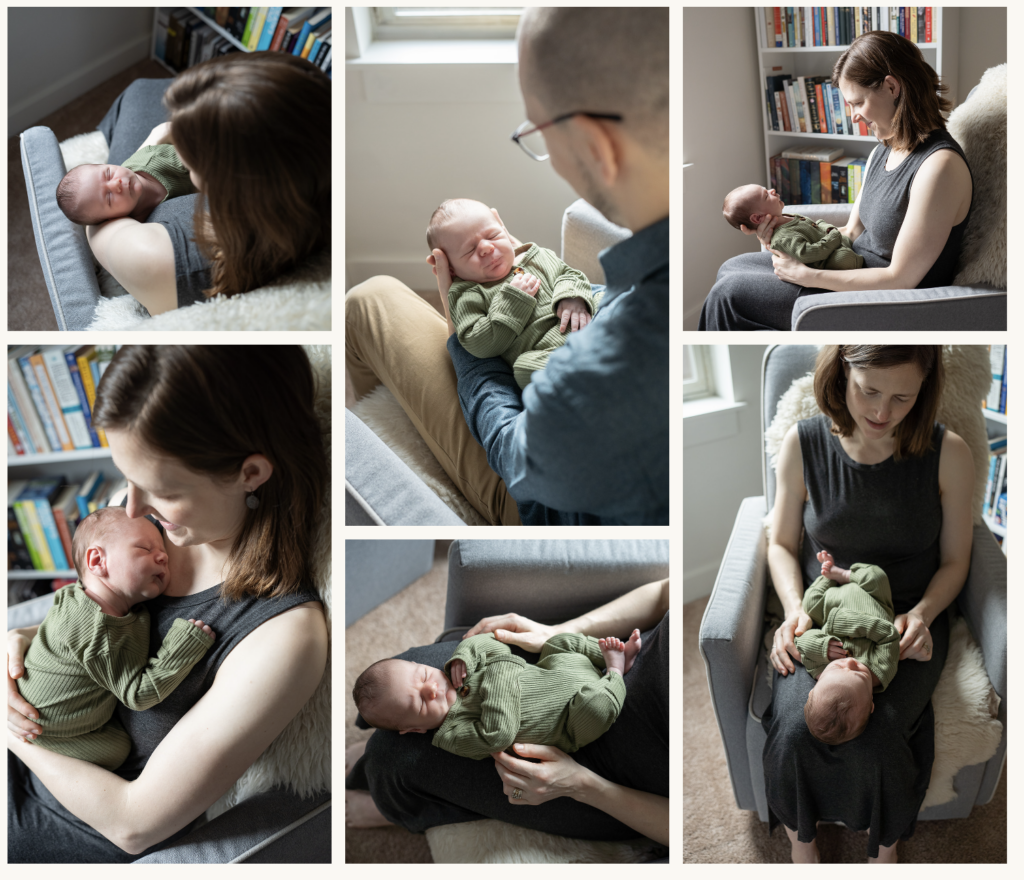 A collage of 6 photos of a newborn photo session in Shoreline, WA.